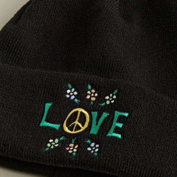 Coney Island Picnic Love Beanie Embroidered Peace Symbol Black NEW - Picture 2 of 7
